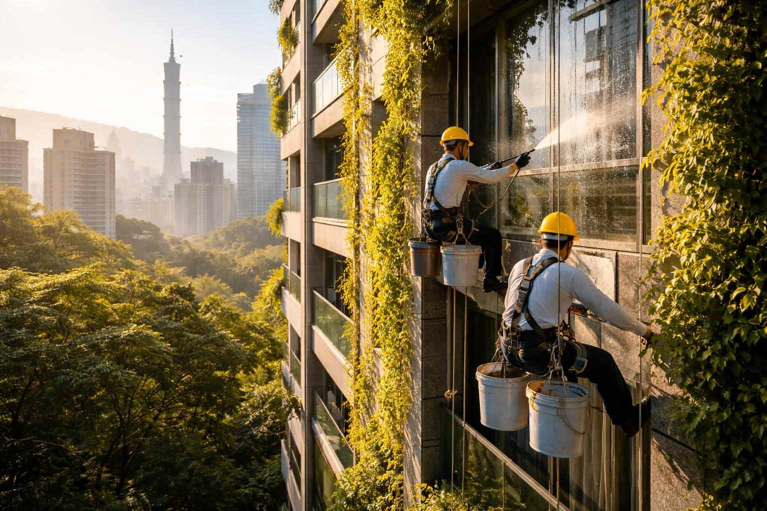 示意圖顯示專業高空作業團隊正在進行外牆清洗的施工場景,畫面無人物正面,符合安全及專業標準。