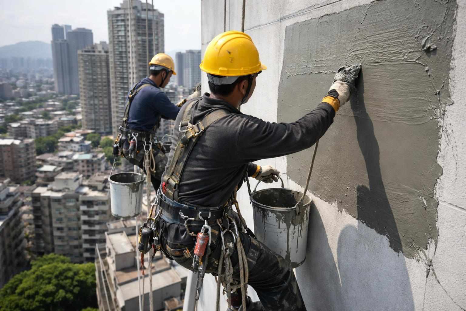 示意圖：高樓外牆綁繩索防水施工情況的示意圖。